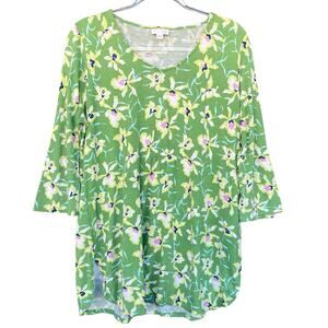 J Jill Womens Rayon Top Medium Green Floral‎ Vneck 3/4 Sleeve Casual Spring